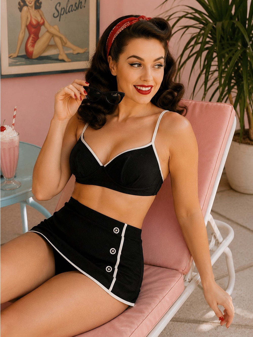 Christina Vintage Retro Black Cream Textured Pinup High Waist Skort Bikini Set